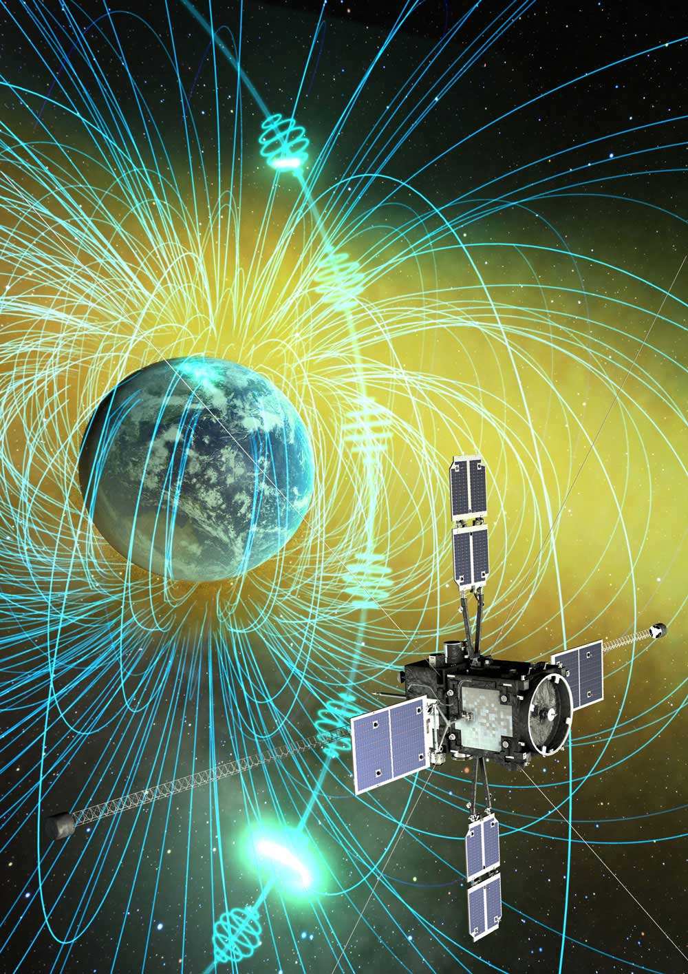 探査衛星「あらせ」による、コーラス波および高エネルギー電子の観測のイメージ画像。