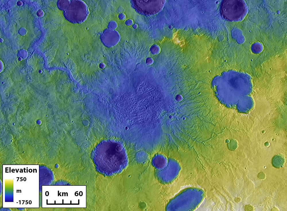 火星の地形図に見られる、湖水盆地（中央）と、湖の決壊による洪水で形成された峡谷（盆地の縁から北西に延びている線状の低地）の例。