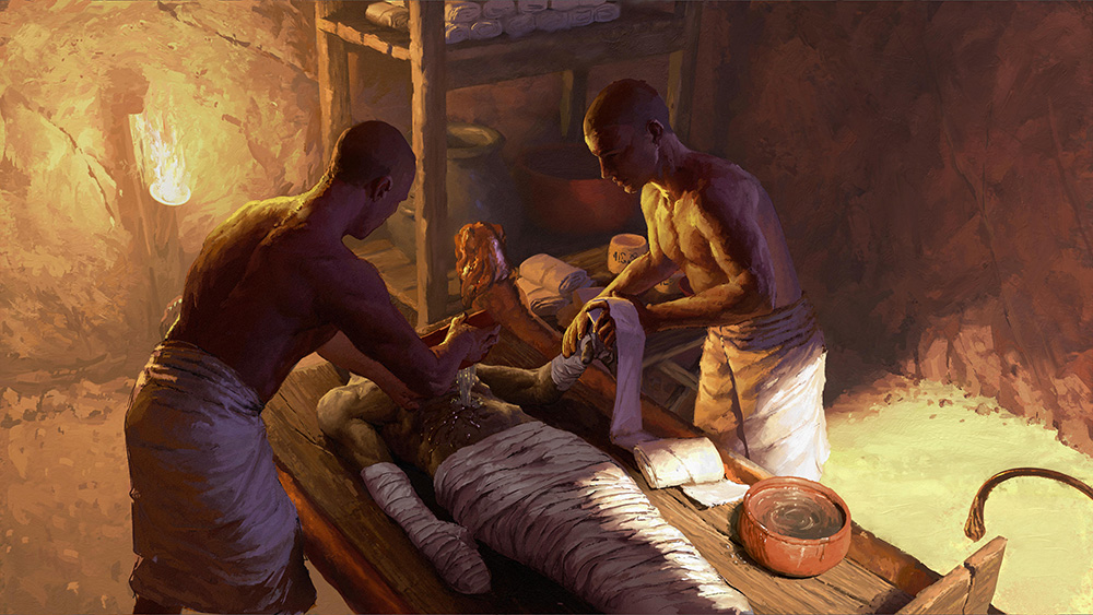地下の作業場で死体の防腐処理を行う古代エジプト人（想像図）。