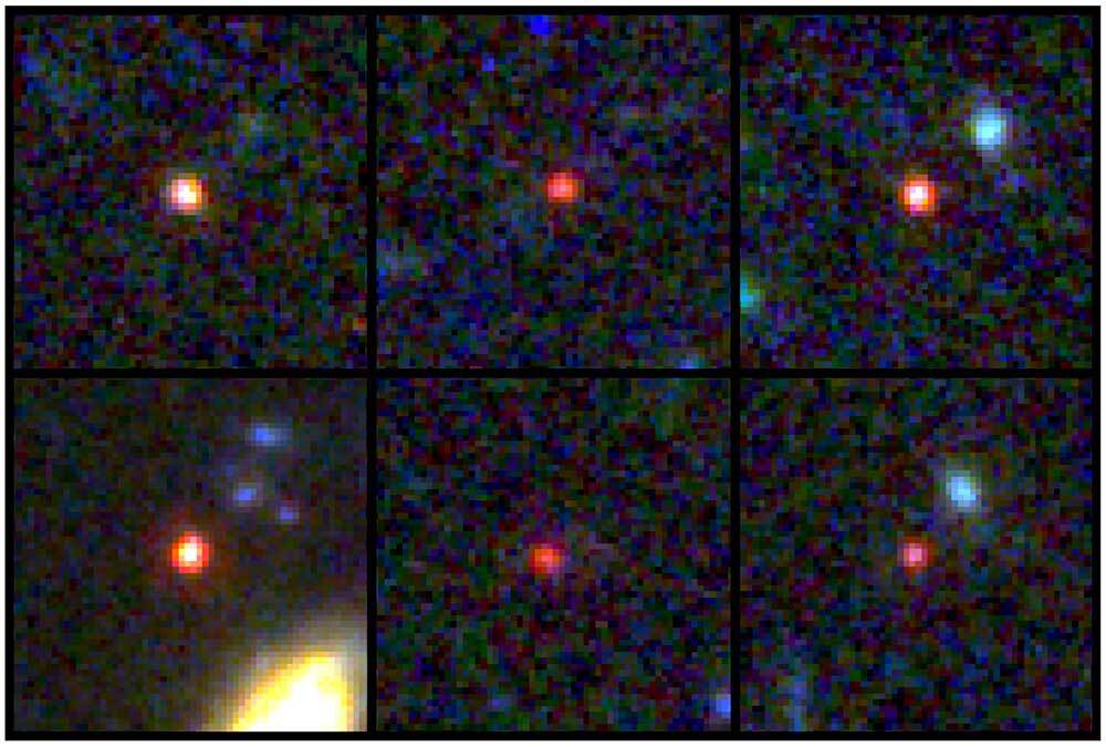 JWSTの観測画像に見いだされた、ビッグバンから5～7億年後の大質量銀河の6つの候補。