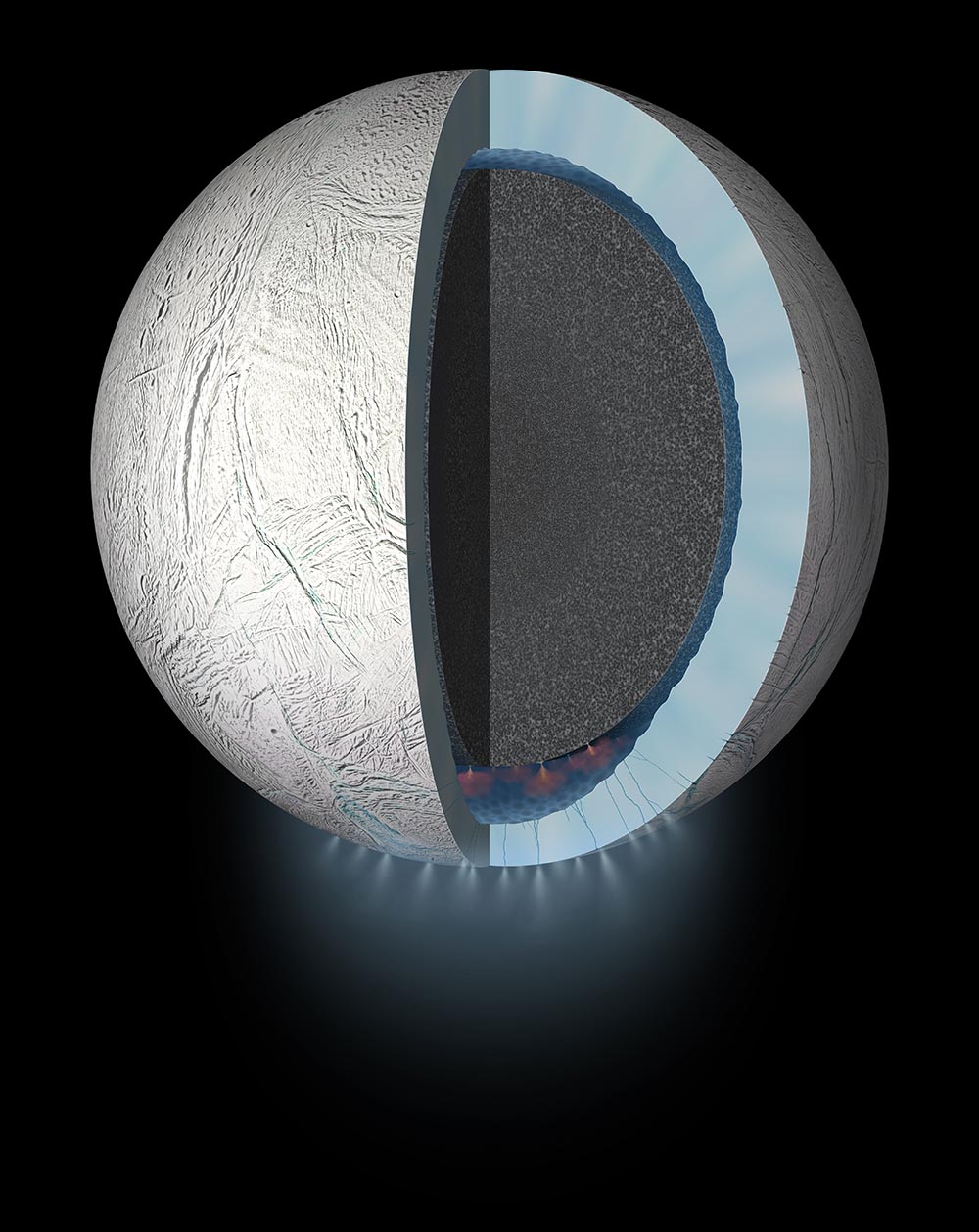 土星の氷衛星エンセラダスの断面図（イメージ画像）。