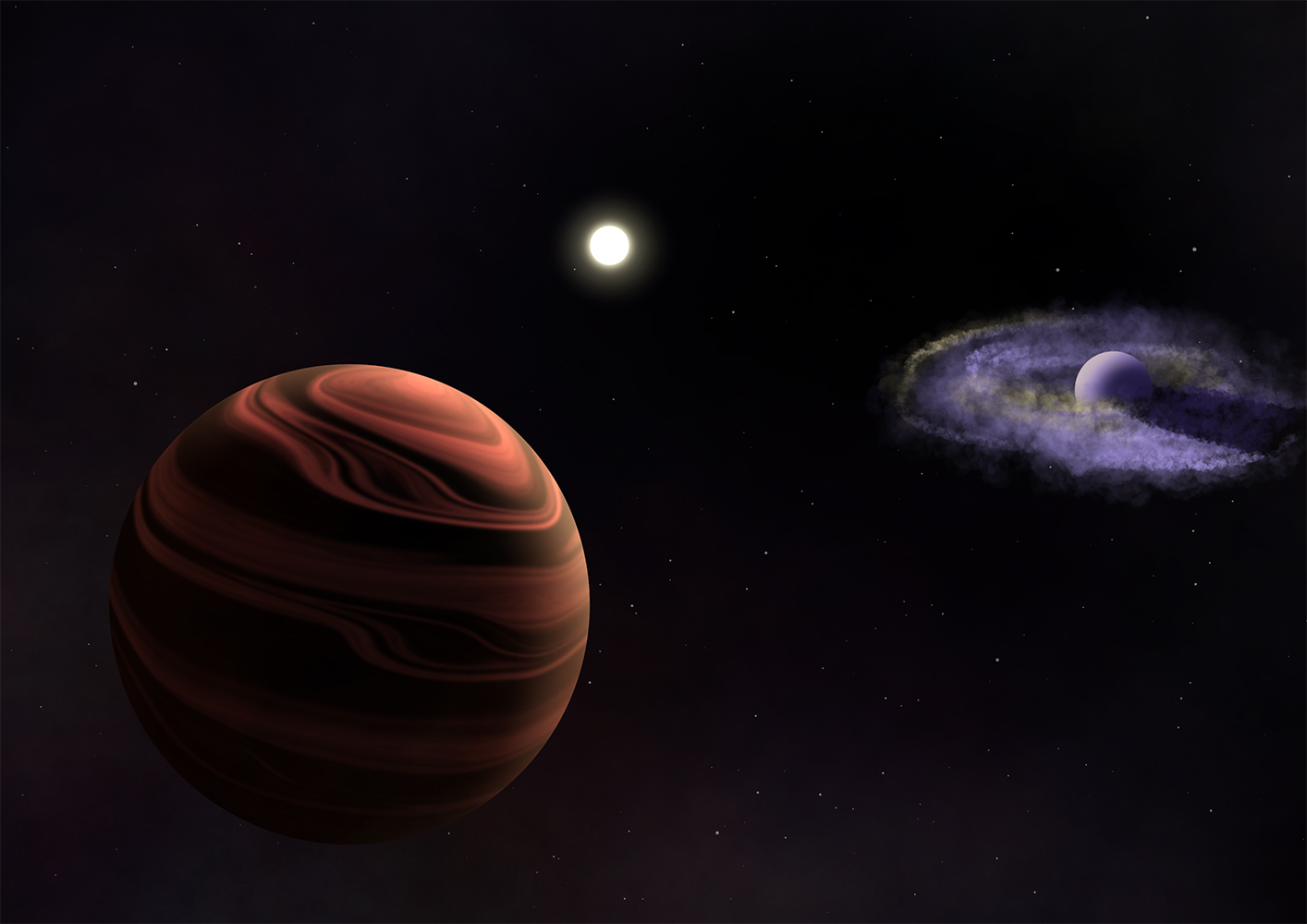 太陽型の星YSES-1(中央)と、ケイ酸塩の塵粒子を含む円盤が残る惑星YSES-1 b(右)、大気中にケイ酸塩の雲を有する惑星YSES-1 c(左)からなる系外惑星系の想像図。