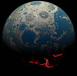 大規模衝突で表面が溶岩に覆われる初期地球（想像図）。