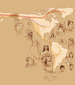 アメリカ先住民の分散パターンと外見的特徴。スケッチは南北アメリカ大陸各地の先住民の写真に基づいている。