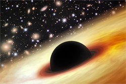 遠い宇宙に存在する、超大質量ブラックホールを持つクエーサー（想像図）。