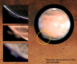 火星の縁で発見された謎のプルーム（2012年3月21日撮影）。
