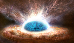 ブラックホールの降着円盤（橙色）とその中心から吹き出す風（青色）、そしてこの風によって駆動される分子ガスのアウトフロー（赤紫色）を表現した想像図。