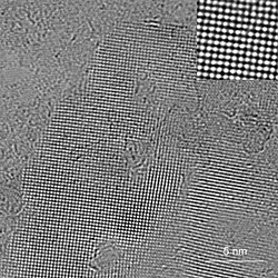 透過型電子顕微鏡（TEM）が捉えた「スクエアアイス」。暗点は酸素原子に対応し、水分子の位置を示している（水素原子は小さ過ぎるため解像されない）。右上は結晶中央部を拡大したもの。