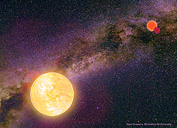 1つの星がほかの2つの星から遠く離れている三重連星系（想像図）。
