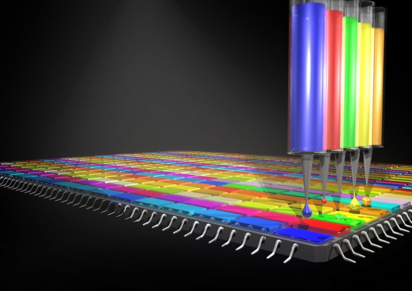 量子ドット分光計チップの作製過程（イメージ画像）。このチップは検出器アレイ上に量子ドットインク滴を印刷することで得られる。