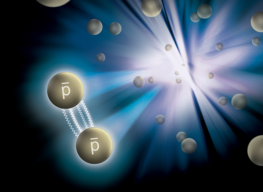 金原子の衝突により生成した反陽子同士の相互作用（想像図）。