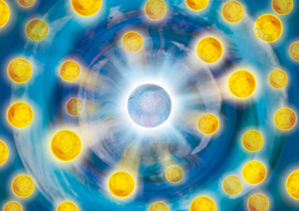 リチウム原子（黄色）のフェルミ海と共鳴相互作用するフェルミオンカリウム不純物（中央青色）。