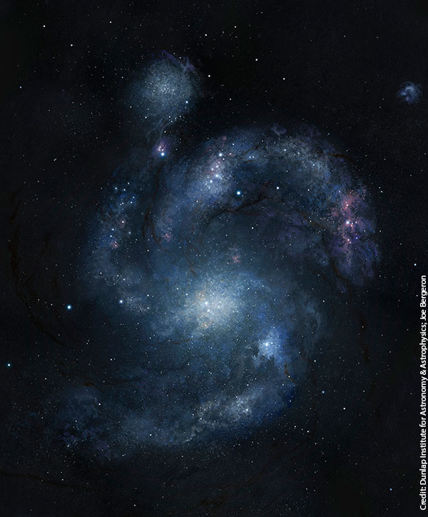渦巻銀河BX442とその伴銀河である矮小銀河（左上）のイメージ画像。