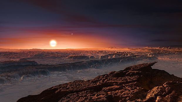 太陽から最も近い恒星プロキシマ・ケンタウリを周回している地球型惑星プロキシマbの地表の想像図。