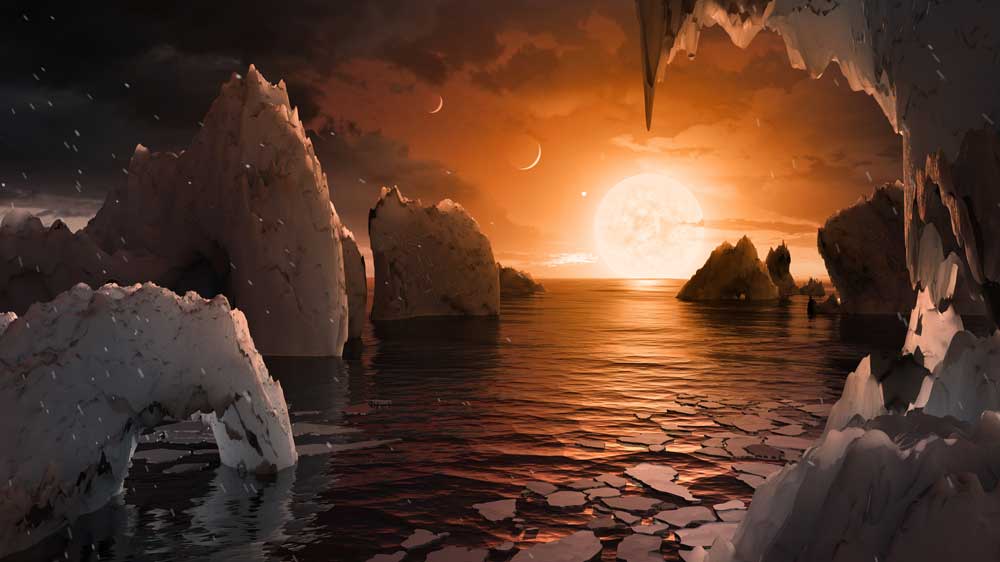 TRAPPIST-1を周回する7つの惑星のうち、親星に5番目に近いTRAPPIST-1fの地表の想像図。